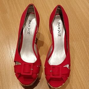 Red peep-toe canvas wedges
